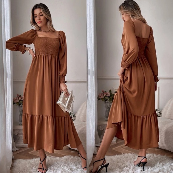 Dresses & Skirts - Shirred bust square neck long sleeve ruffle maxi dress boho gypsy rust brown
